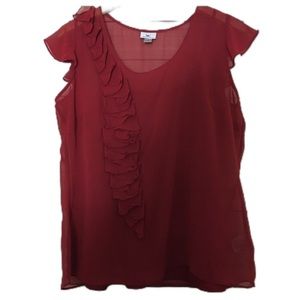Worthington Blouse Flutter Sleeves Ruffle Front Sheer Scoop Neck Burgundy Large